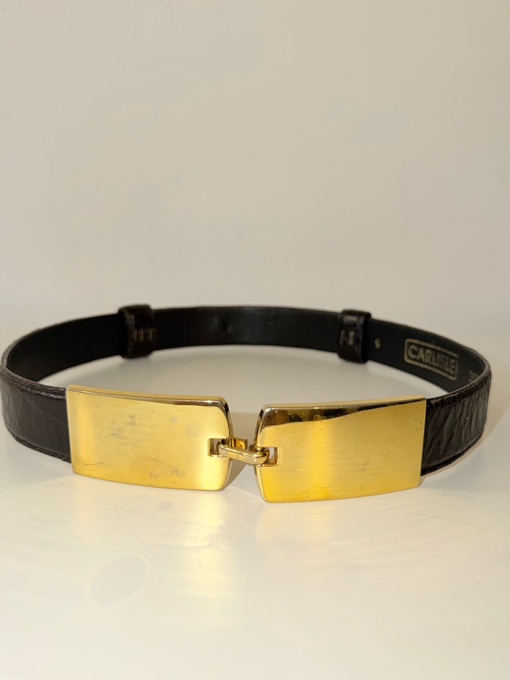 Vintage Carlisle Brown Leather Belt with Gold Buckle Plates, Sz Sm